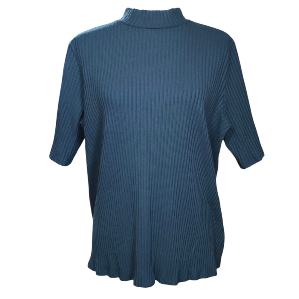 Eileen Fisher Teal Ribbed Top Mock Neck Half Sleeve Quiet Luxury Plus Size 1X - Picture 2 of 9